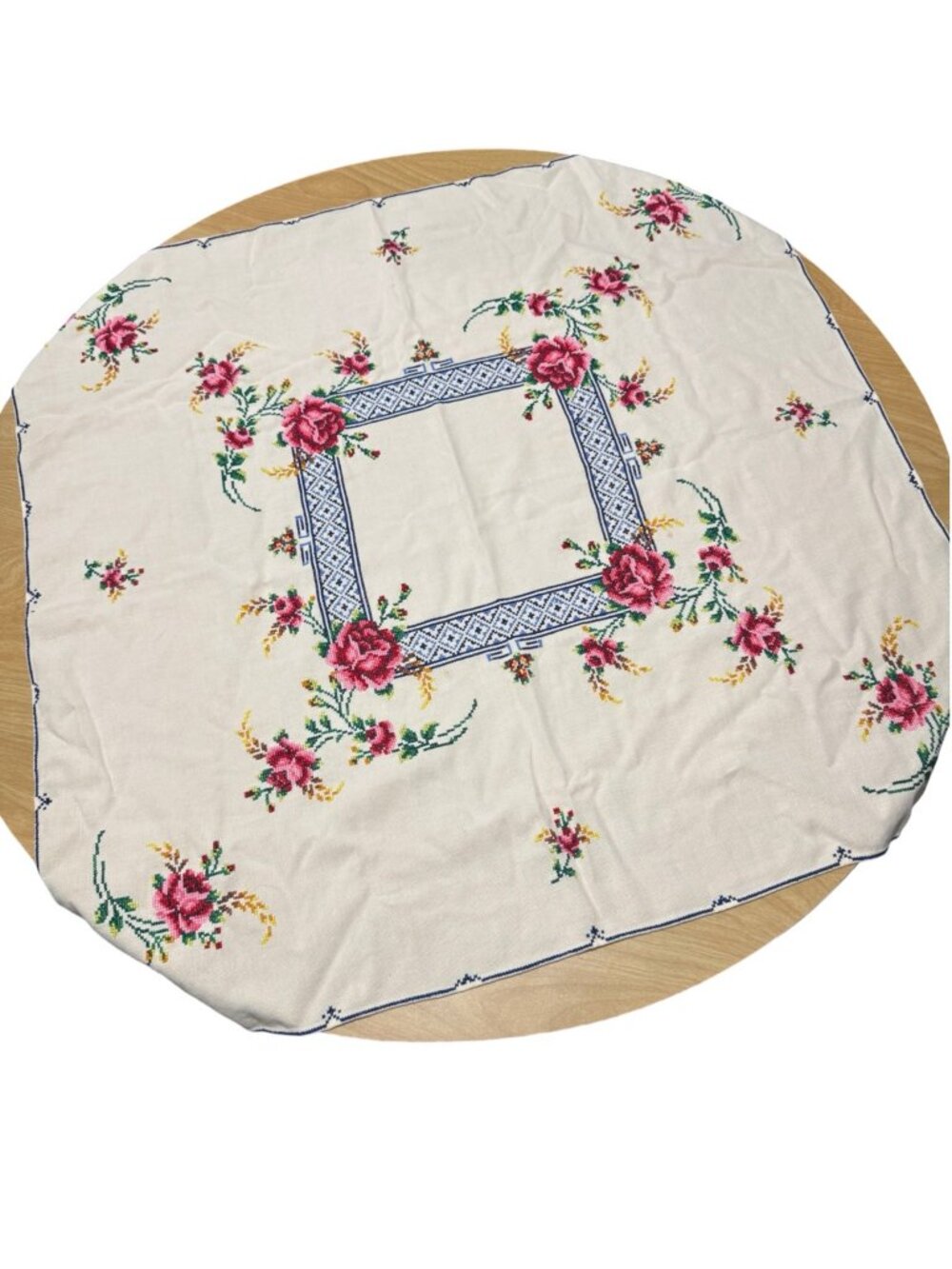 Square Floral Embroidered Tablecloth Pink Roses Blue Cross Stitch